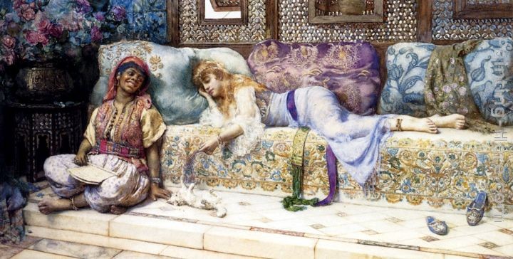 John Henry Henshall Ladies In Turkish Costume Playing With A Kitten